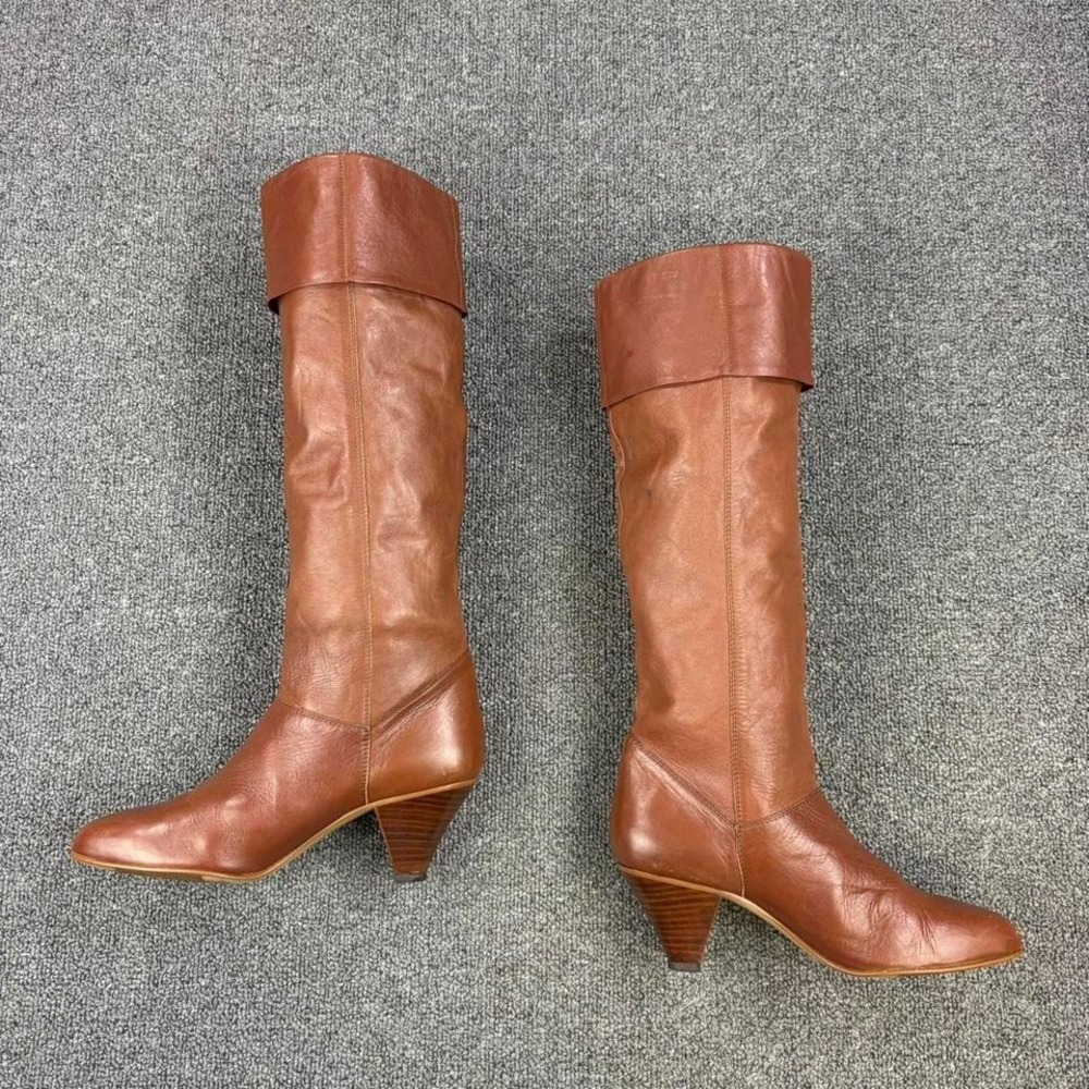 Vintage Women's Brown Leather Fold-over Tall Pull On Riding Short Heel Boots - Picture 3 of 8